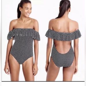 J. Crew Black/White Polka Dot Off The Shoulder One Piece Bathing Suit